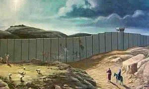 María, José y el niño no pueden huir a Egipto porque el muro construido por Israel se lo impide, en una versión actualizada de una felicitación navideña.