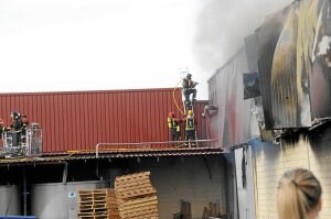 Los bomberos, durante las tareas de extinción del fuego declarado en la fábrica de Alesón. /E. C.