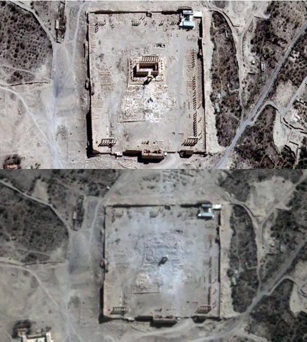 Dos imágenes tomadas por satélite de la ciudad de Palmira antes (arriba) y después (abajo) de una explosión en el antiguo templo de Bel