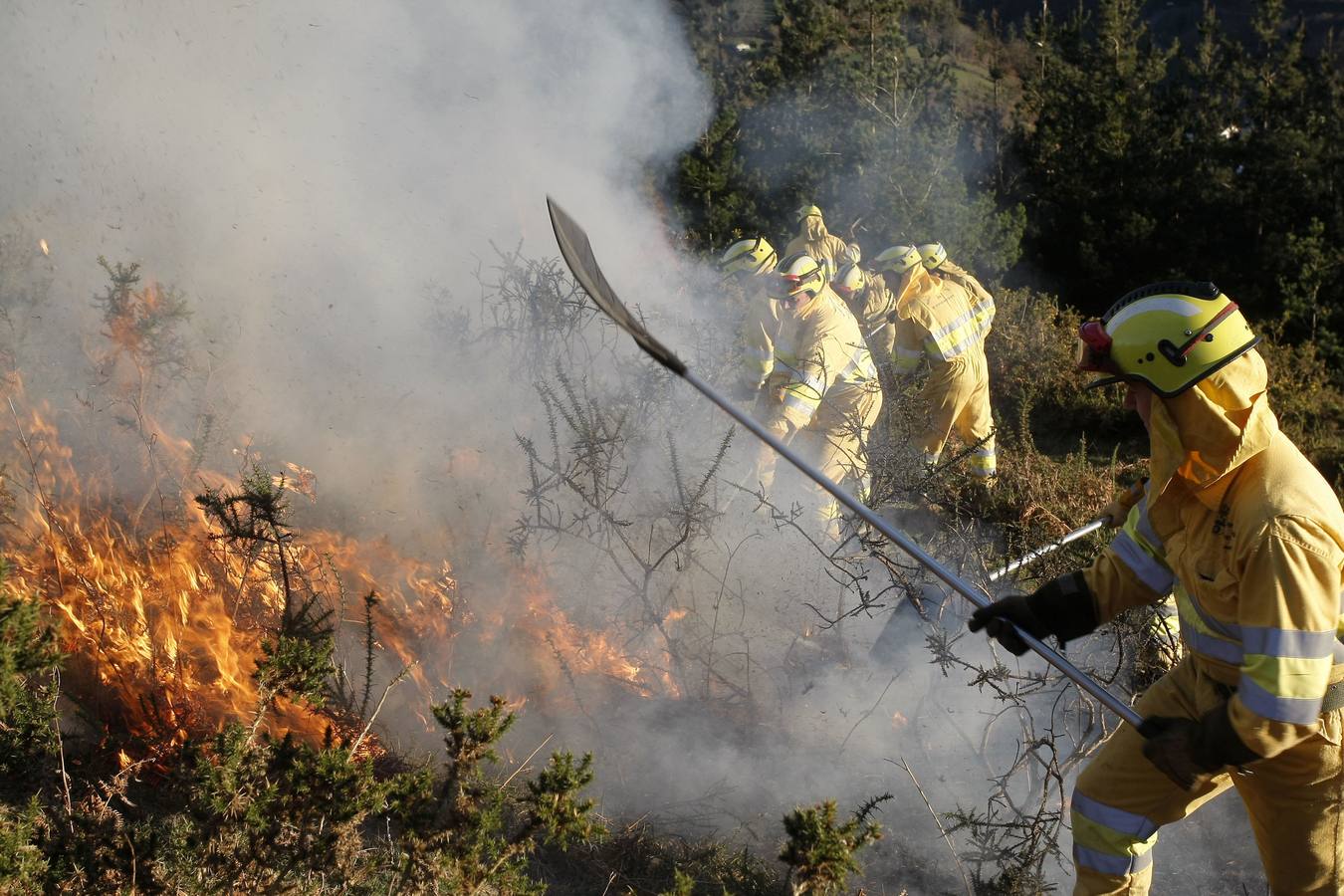 Cuadrilla del Servicio de Montes apagan un fuego en el monte La Gallinera en Ruente