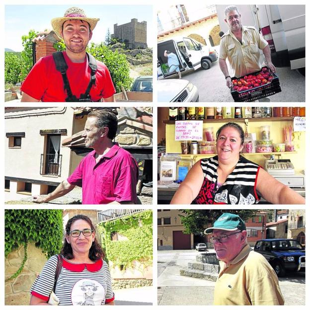 De arriba a abajo y de izquierda a derecha, Alberto, uno de los jóvenes que vuelve en verano; Miguel, vendedor de verduras; Gabriel, que regresa siempre que puede desde Madrid; Arancha, que lleva el bar de Cabra de Mora, Mari Paz, la asistente social de varios pueblos; y un vecino de todo el año.