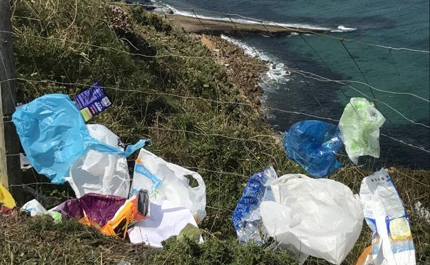 Imagen. Residuos esparcidos por el Cabo Quintres. Las vallas pararon el vuelo al mar de algunas bolsas de plástico.