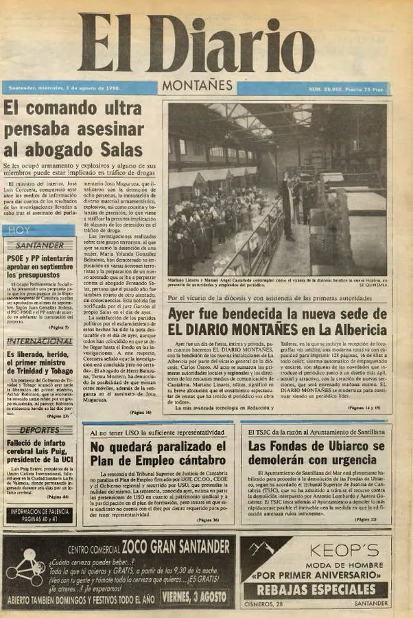 1990. Miércoles 1 de agosto. Sede en La Albericia. El Diario Montañés daba un paso de gigante e inauguraba su nueva sede en La Albericia. Más de cien profesionales mantuvieron su firme apuesta por el rigor informativo para contar todo lo que acontecía en la región. Con una nueva rotativa y los más modernos sistemas de edición, el decano de la prensa cántabra daba un paso decisivo para ganar el futuro y consolidar su hegemonía como líder de los medios de comunicación de Cantabria.