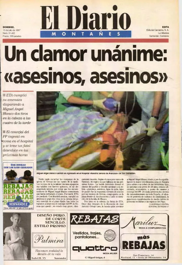 1997. Domingo 13 de julio. España llora por Miguel Ángel Blanco. Quizá nunca España había conocido tanto dolor ni los terroristas habían mostrado tanta crueldad y vileza. En aquella jornada, los asesinos de ETA cumplieron su amenaza ‘en plazo ‘ y asesinaron al concejal Miguel Ángel Blanco, al que tenían secuestrado. Durante días, España se había echado a la calle para pedir su liberación. Los asesinos no escucharon llamamiento alguno y perpetraron su barbarie. España fue un grito. Lloró la muerte de Miguel Ángel pero también mostró asco y rabia contra los terroristas. En esa ocasión, nadie fue indiferente ante su locura.