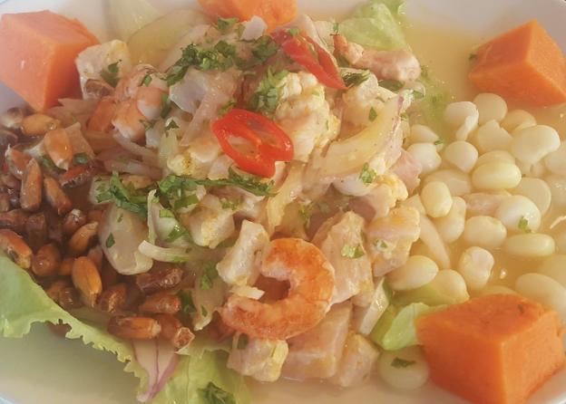 Ceviche de pescado con cebolla, ají, limón, apio, jenjibre, cilantro y lima. :: dm