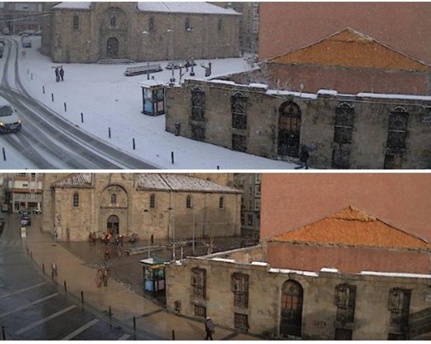 La nieve cubría el centro de Reinosa sobre las 10.00 de la mañana. Al mediodía, la lluvia caída había eliminado la nieve casi por completo.