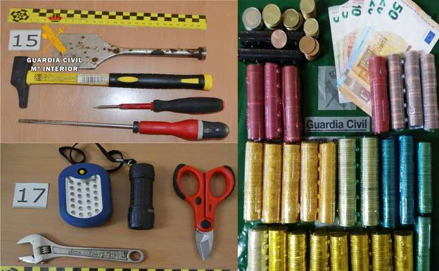 Billetes y monedas de diferente valor, y materiales utilizados en los robos sustraídos por la Guardia Civil