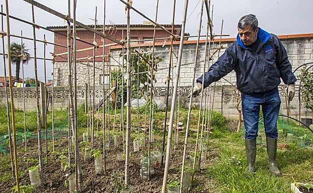 Carlos dedica todas las mañanas a su huerta, en Monte, en primavera recién preparada para las primeros cultivos.