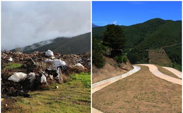 Izquierda: Antiguo vertedero. Los residuos se amontonaban en la ladera del Viorna. Derecha: Espacio recuperado. En la zona se ha realizado una hidrosiembra. 