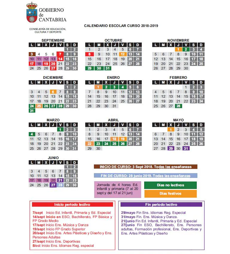 Calendario Escolar de Cantabria 2018-2019 publicado este 31 de julio en el BOC