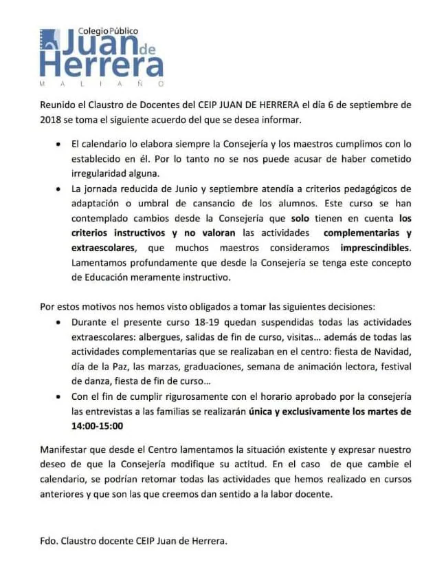 Imagen secundaria 2 - Comunicado del claustro del colegio Juan de Herrera de Maliaño anunciando su decisión.