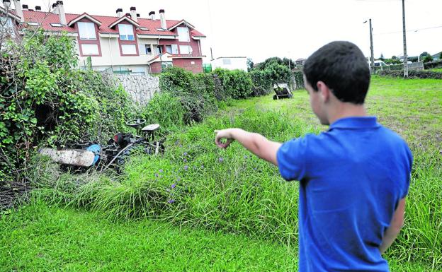 Un joven señala la segadora aún junto al seto del que surgieron decenas de avispas asiáticas para atacar a Alfonso Barreiro. 