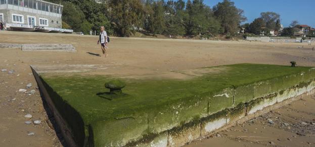 Una persona pasea durante la mañana de ayer por delante del muelle del Puentuco, que ha vuelto a hacerse visible después de cuatro décadas y media bajo la arena.