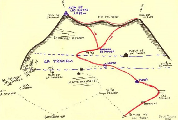 Esquema de la subida a la Peña de Las Pintas, con detalle de los puntos de La Traviesa.