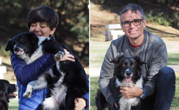 A la izquierda, la veterinaria Nuria González Morcillo con Anouk. A la derecha, el adiestrador canino José Luis García con Delfín. Estos dos 'Border Collie' han sido seleccionados por Biodogtor por su potencial olfativo.