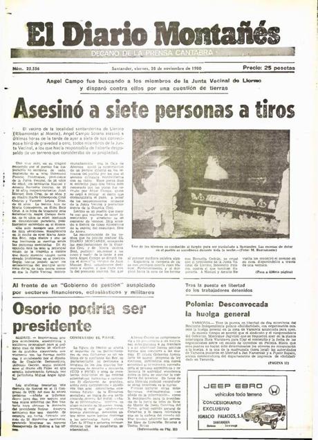 Imagen - Portada de El Diario Montañés del 28 de noviembre de 1980, al día siguiente del asesinato en masa de Liermo.