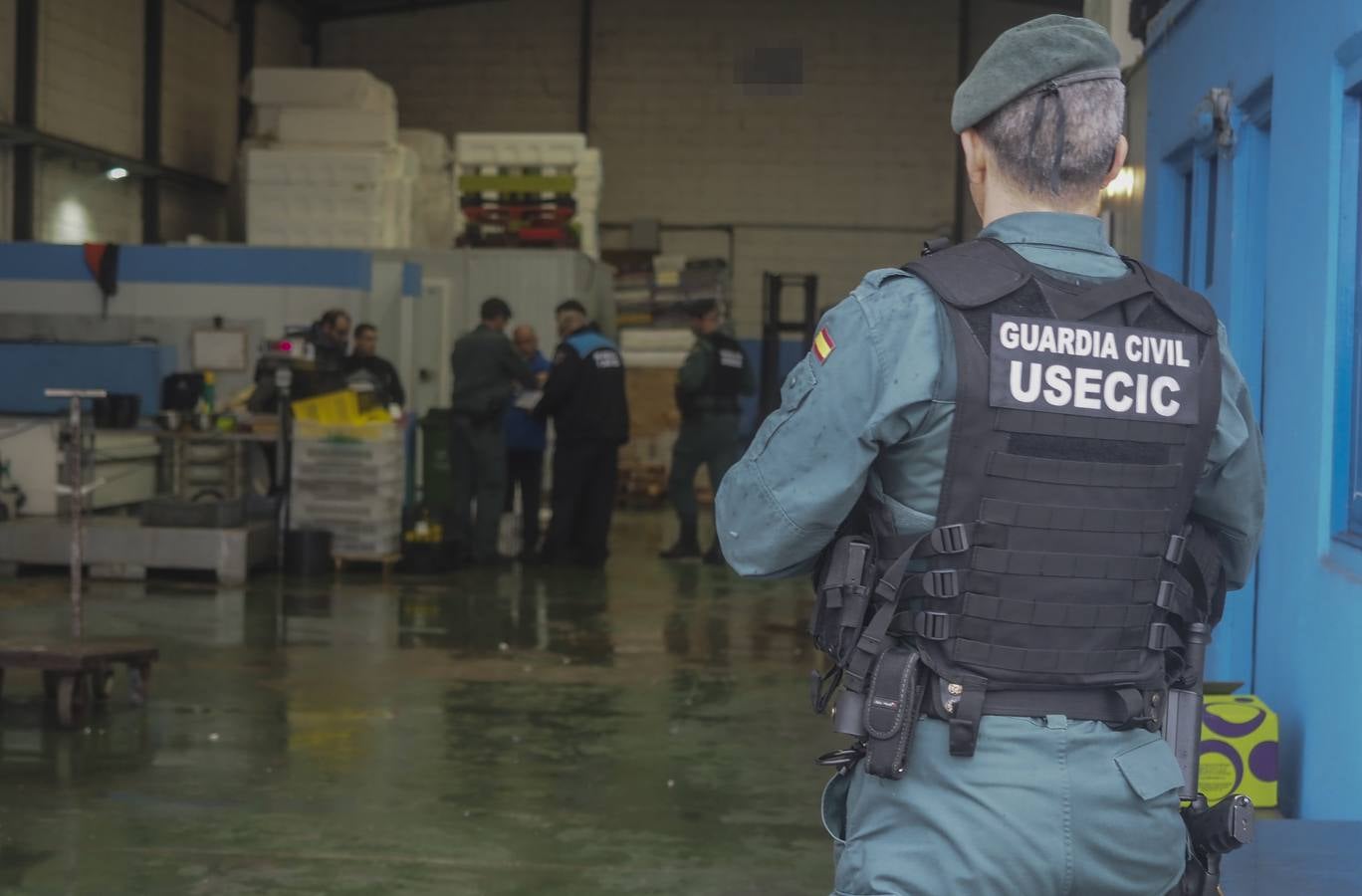 Imagen principal - Arriba, imagen de uno de los controles realizados por la Guardia Civil en los accesos al polígono. Abajo, dos guardias vigilan la inspección de una de las empresas (izquierda). A la derecha, un efectivo de paisano sale de uno de los viveros.