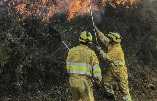 Dos operarios tratan de apagar las llamas de un incendio. 