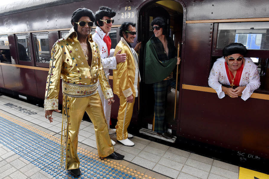 Como sucede cada año, el Elvis Express partió de la estación de Sydney hacia la localidad rural de Parkes, a más de 300 kilómetros, para celebrar la figura y la música de Elvis Presley, el legendario rey del Rock and Roll. A bordo, con sus patillas de hacha, vestidos con llamativas prendas que recuerdan al mito, decenas de imitadores viajan dispuestos a pasarlo en grande. Se espera que este año sean más de 25.000 los que lleguen a Parkes, que triplica su población durante los cinco días de festival.