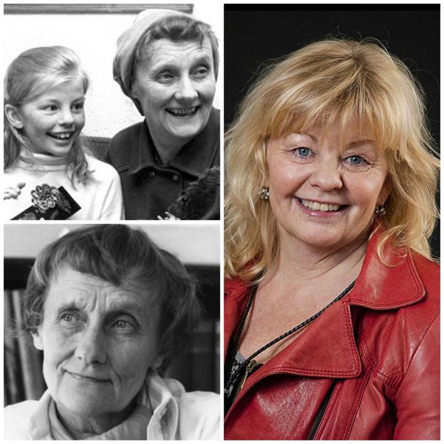 La actriz de Inger Nilsson, de niña y adulta, junto a la autora de la historia, Astrid Lindgren.