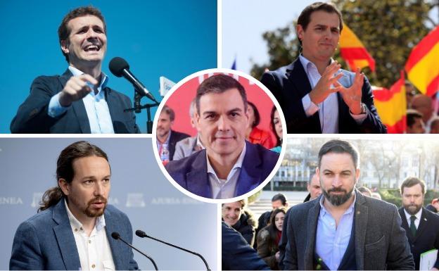 Arriba. Pablo Casado (PP) y Albert Rivera (Ciudadanos). En el centro. Pedro Sánchez (PSOE). Abajo. Pablo Iglesias (Podemos) y Santiago Abascal (Vox).