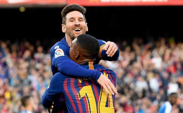 Messi, celebrando uno de sus dos goles frente al Espanyol.