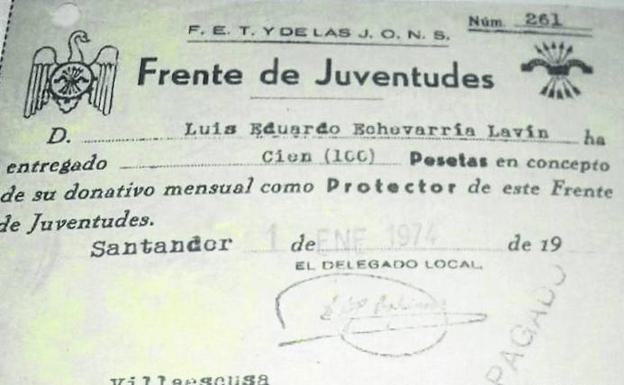 Donación al Frente de Juventudes: Según este documento, el ahora delegado del Gobierno realizó un pago al Frente de Juventudes, integrado en la Falange.