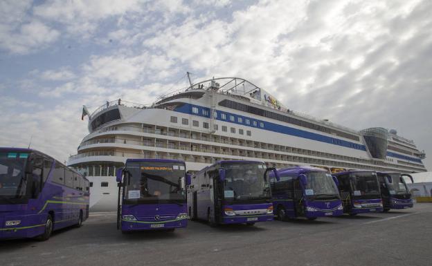 Los autobuses que actúan como lanzaderas esperan a los turistas a los pies del 'AidaSol' 