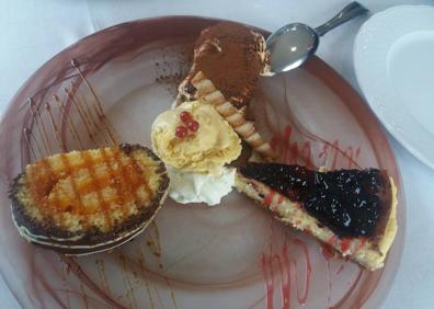 Imagen secundaria 1 - Arriba, tortos con buey de mar y huevo roto. Abajo al a izquierda, Una muestra de los postres caseros del Mirador de Suso; y a la derecha, callos de bacalao.