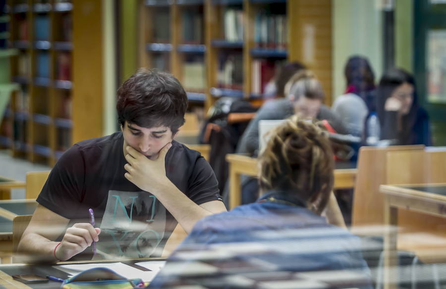 DOs estudiantes de la UC, en la biblioteca del edificio Interfacultativo. 