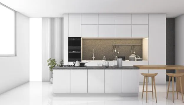 Proyecto de cocina minimalista en blanco, con mezcla de madera.