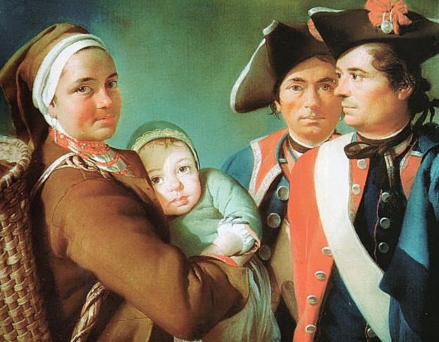 Pintura del siglo XVIII, la nodriza y los soldados de Giovanni Battista.