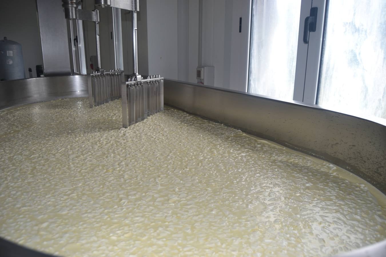 Javier Campo introduce manualmente la cuajada en los moldes para elaborar el queso.