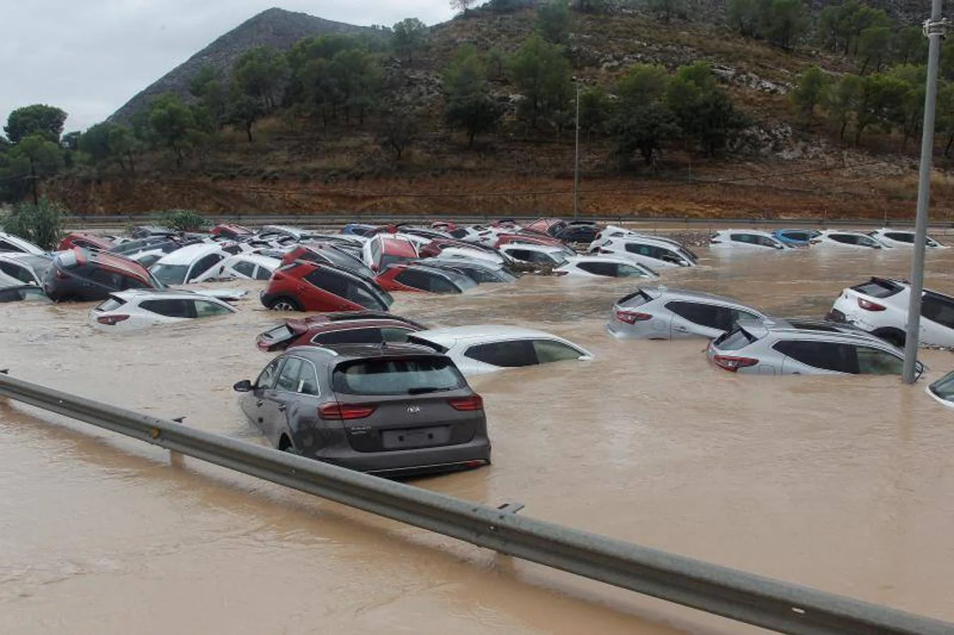 Decenas de coches flotan en el almacén, en la localidad de Orihuela (Alicante)