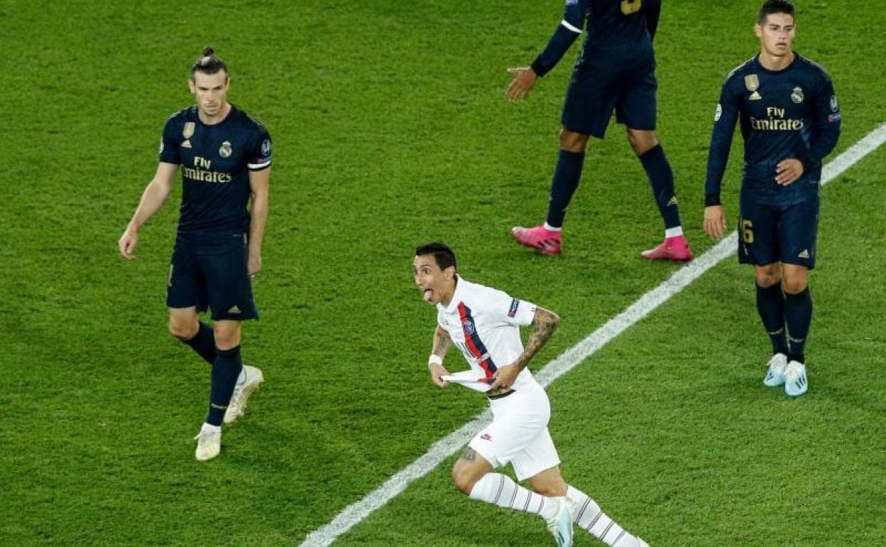 Di María celebra el gol que abrió la victoria del PSG. 