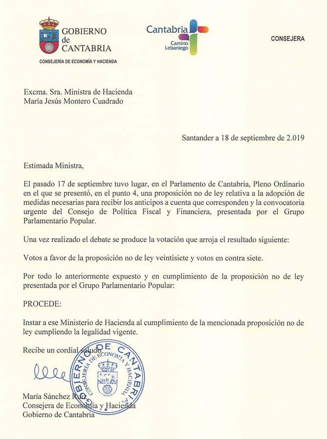 Imagen - Carta de la Consejería al Ministerio. 