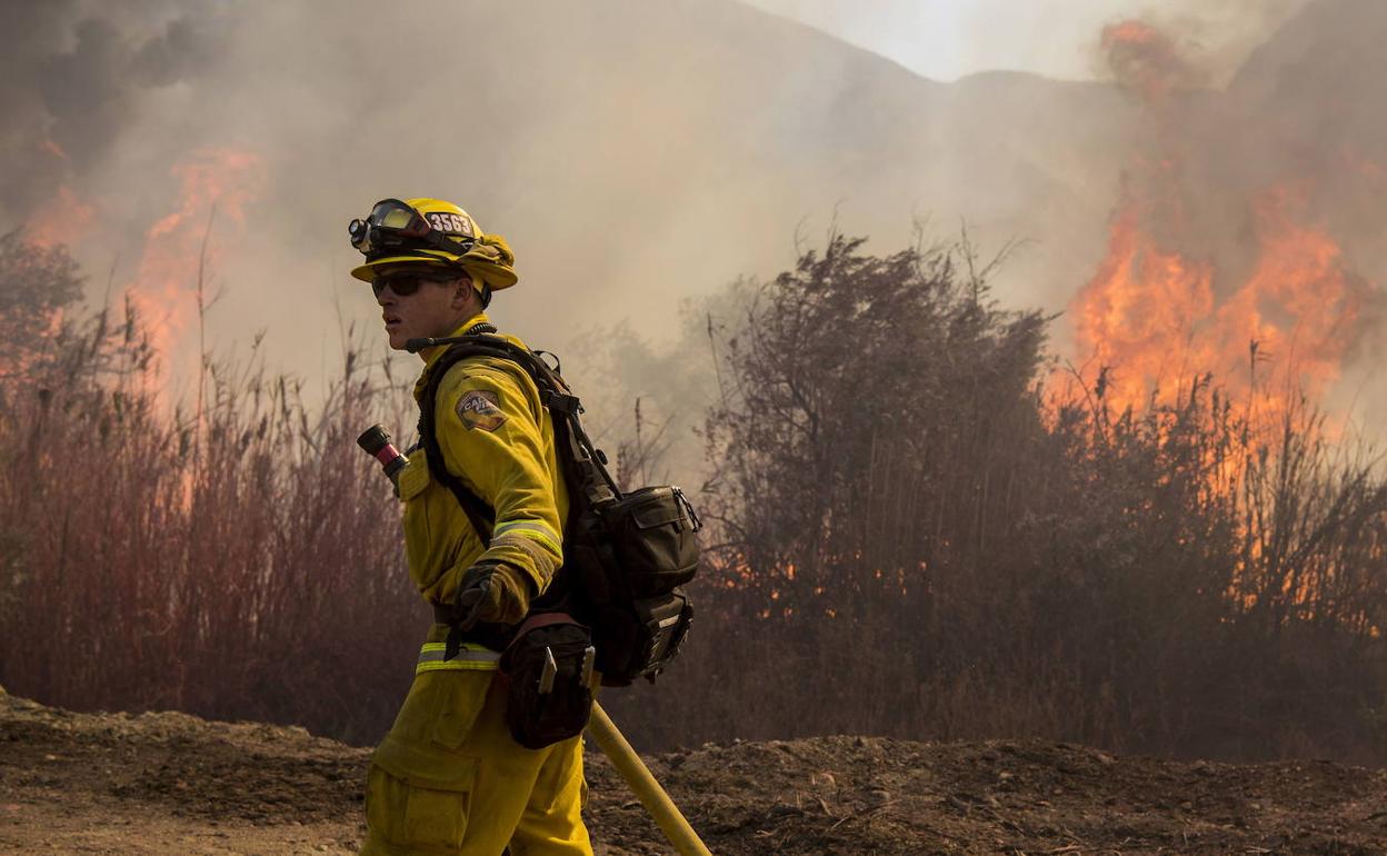 Un bombero ayuda en los trabajos de extinción. 