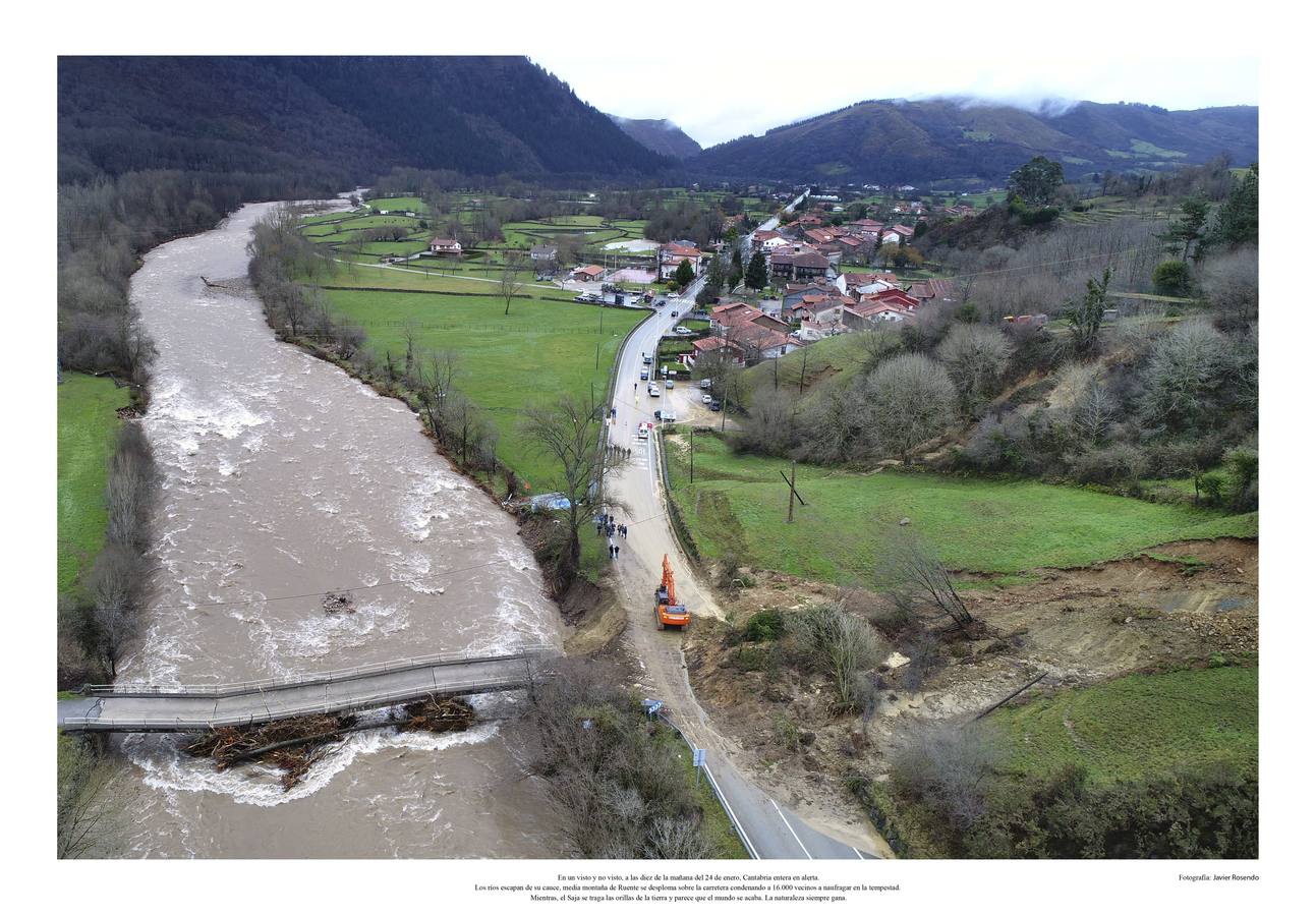 En un visto y no visto, a las diez de la mañana del 24 de enero, Cantabria entera en alerta. Los ríos escapan de su cauce, media montaña de Ruente se desploma sobre la carretera condenando a 16.000 vecinos a naufragar en la tempestad. Mientras, el Saja se traga las orillas de la tierra y parece que el mundo se acaba. La naturaleza siempre gana