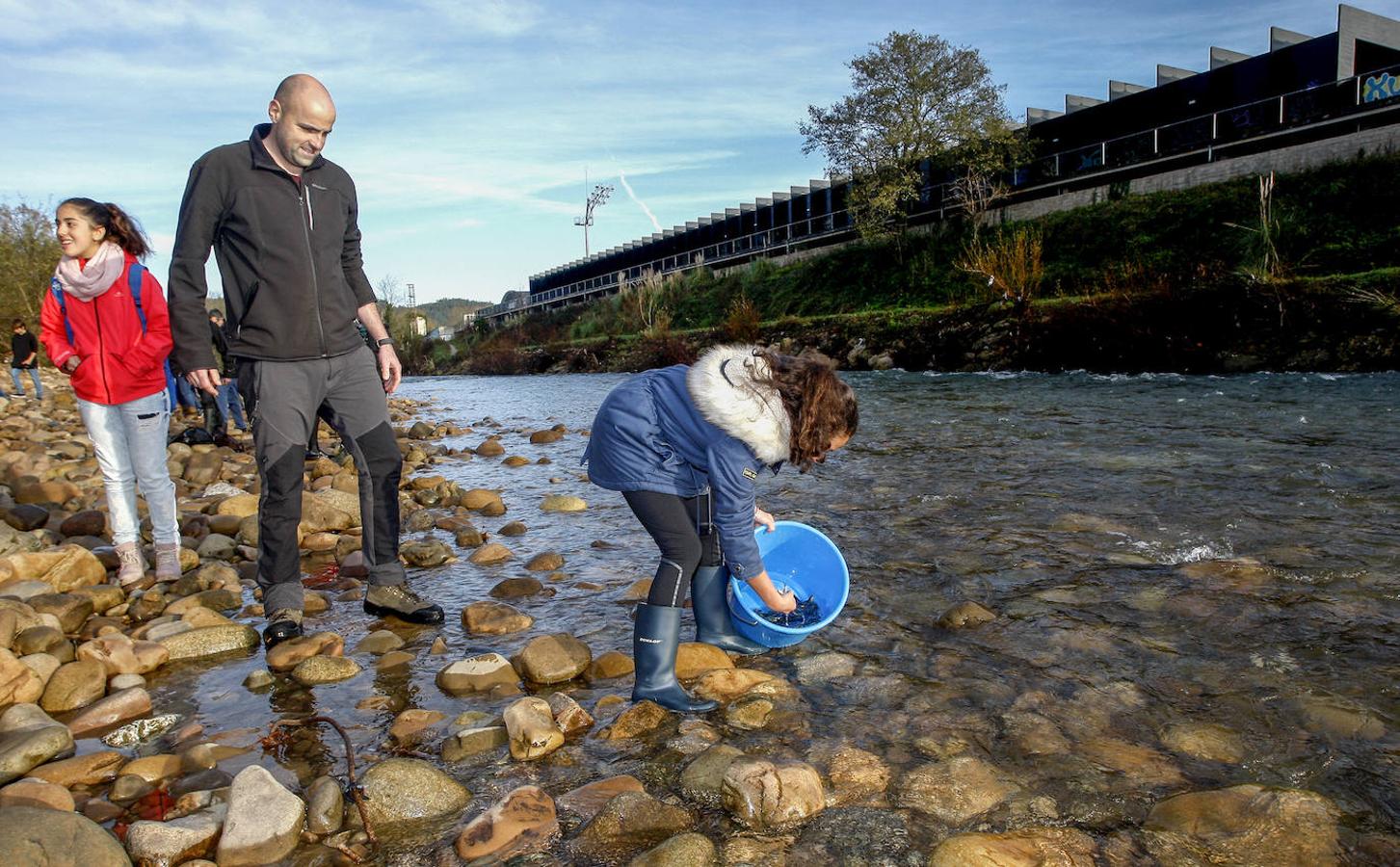 Alumnos del colegio San Agustín de Santander han colaborado en la suelta de salmones en el río Besaya.