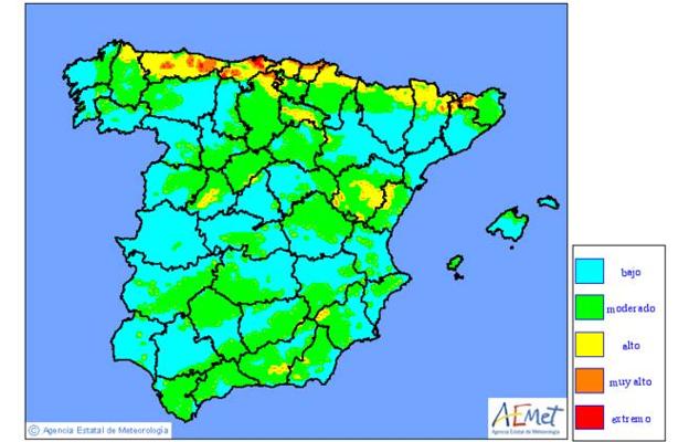 Mapa de niveles de riesgo de incendios forestales previsto para hoy.