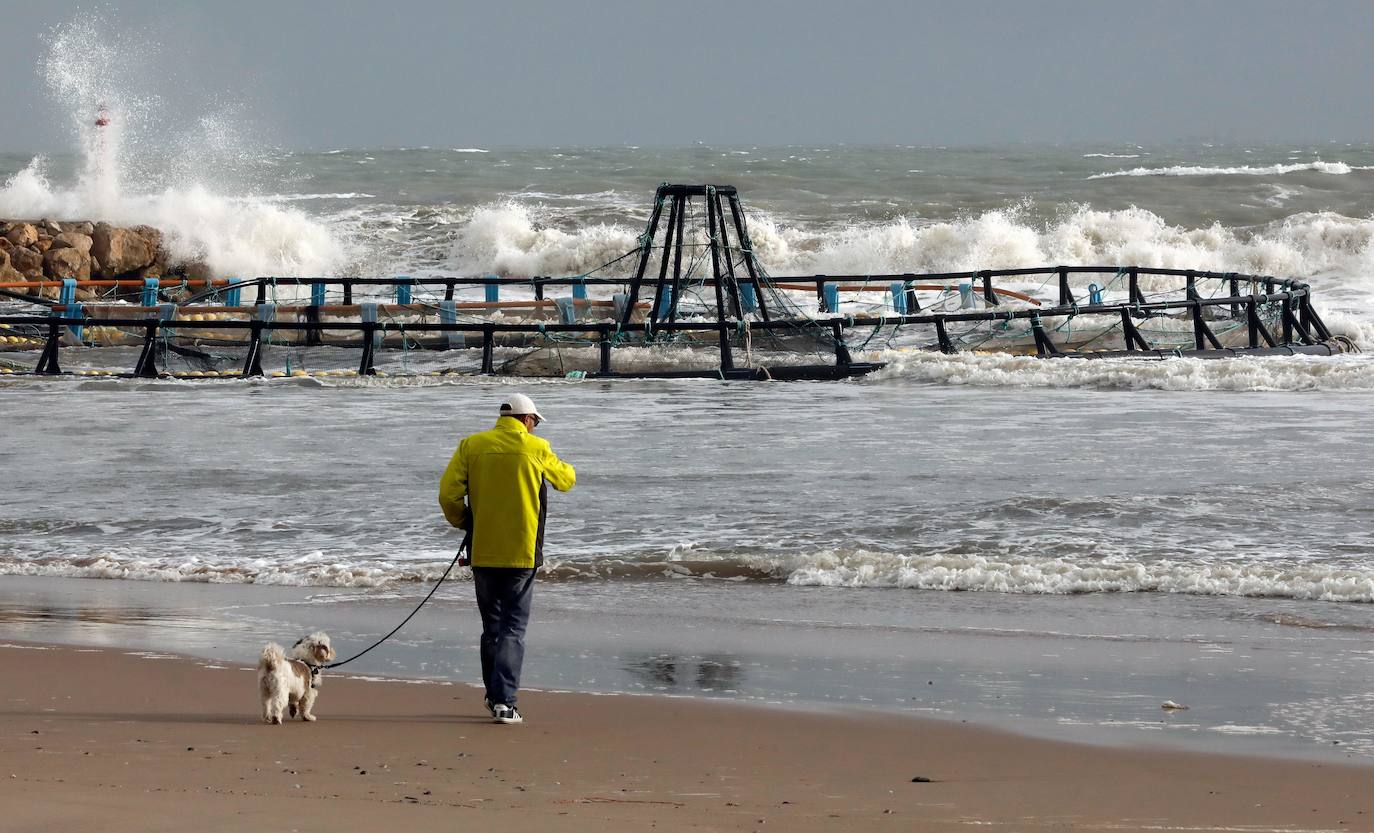 Una persona observa, en la playa del El Perelló (València), la piscifactoria arrastrada por fuerza de la borrasca 'Gloria'.