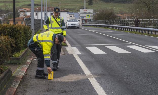 Los agentes de la Guardia Civil, en el punto exacto de la A-611 donde se produjo el atropello en la tarde del pasado miércoles.