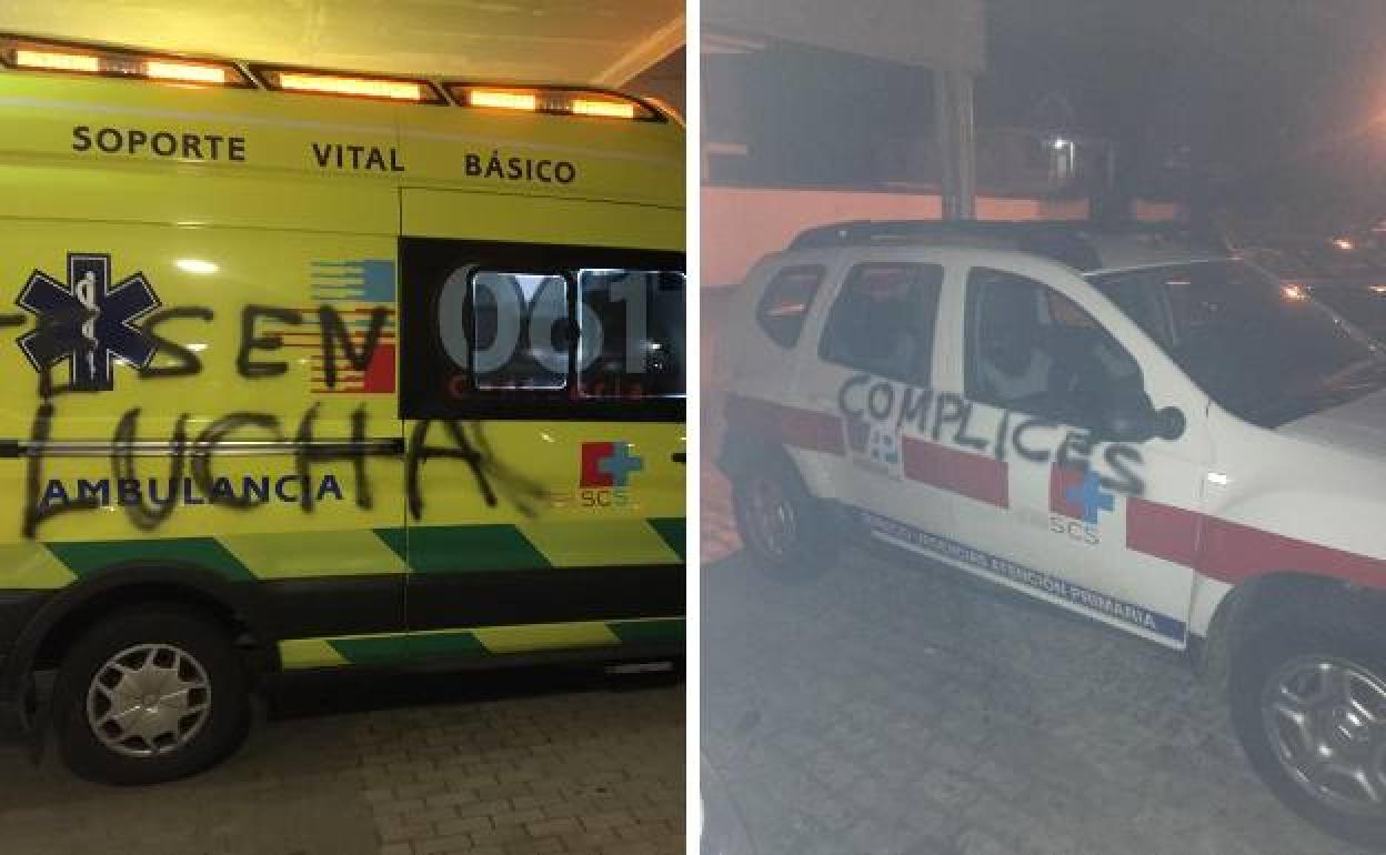 Ambulancia de SVB y vehículo del SUAP que hoy han aparecido con pintadas, ambos en la base de Ramales de la Victoria.