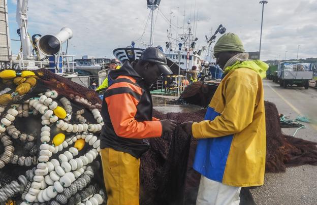 Un grupo de tripulantes ultima los preparativos para la costera del verdel en el puerto de Colindres