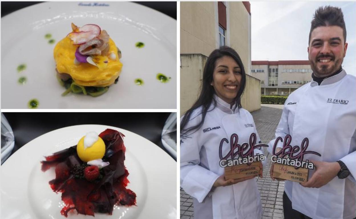 Arriba a la izquierda la ensalada de alga wakame con ceviche de lubina y espuma de mango realizado por Alexis Fernández y, debajo, el postre de Ana Fiorella Rosales presentado como 'Bosque tropical'.