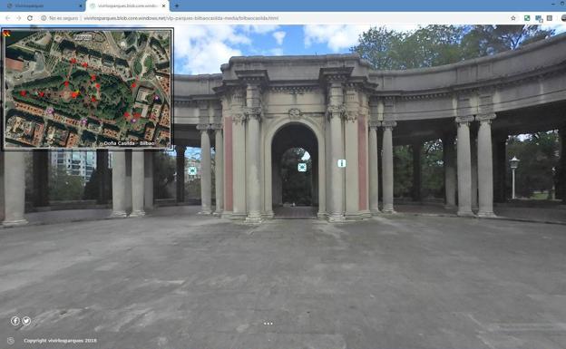 En la visita 3D aparece un plano con el recorrido del parque. En este caso nos hemos desplazado a la Pérgola de doña Casilda.