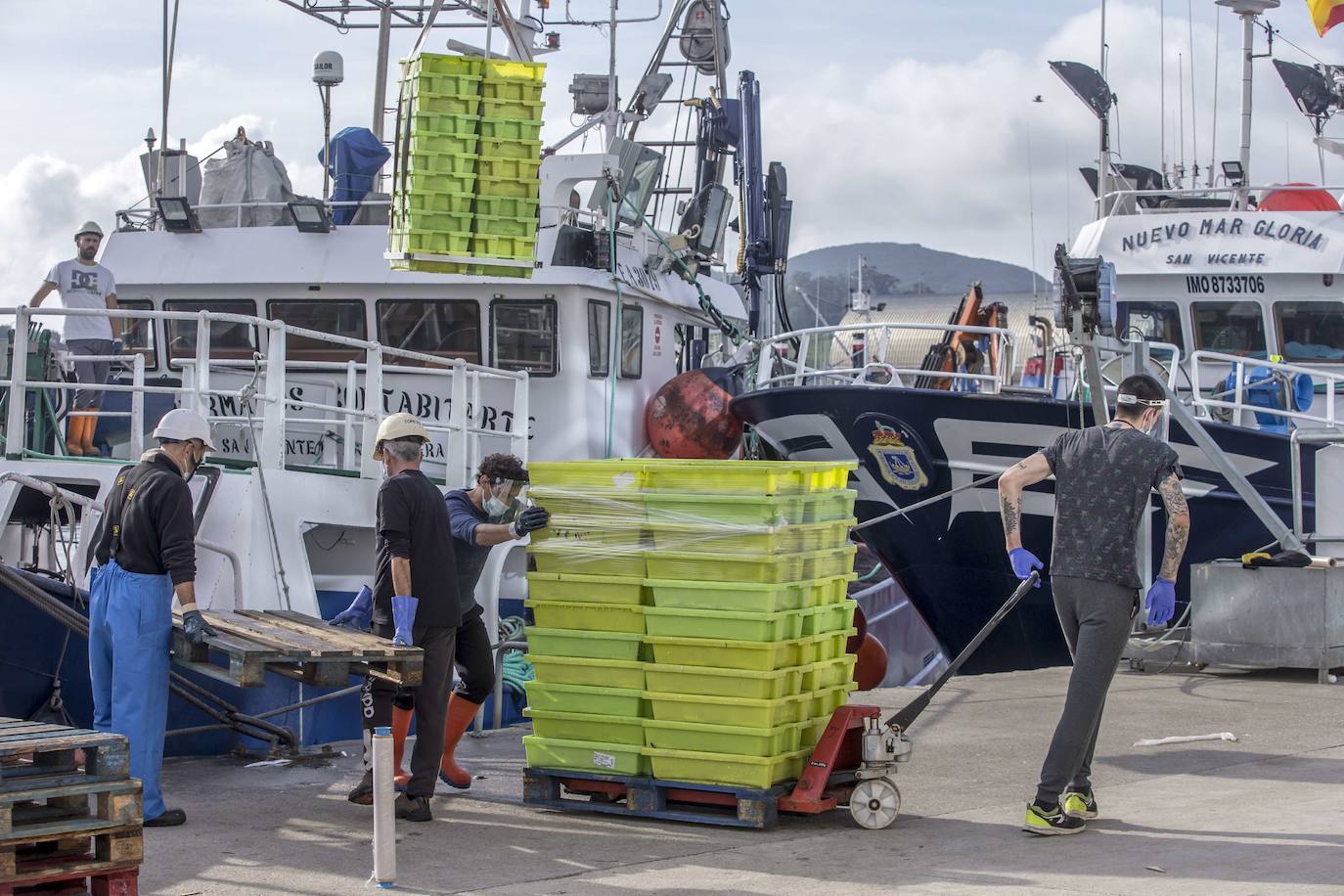 Imagen de varios pescadores descargando bocarte en el puerto de Santoña.