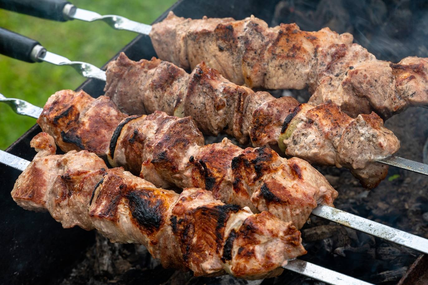 18- Shish kebab | Bloques de varios tipos de carne -de ternera, oveja, cordero o pollo- o pescado -especialmente pez espada- con o sin vegetales asado en una parrilla.