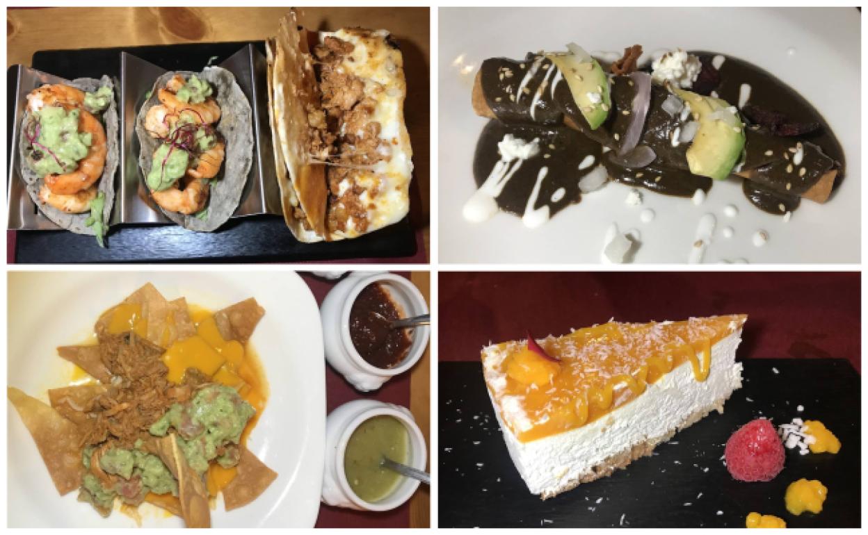 Arriba: A la izquierda, tacos de gambas y quesadillas rellenas de queso y chorizo; a la derecha, taco dorado con mole. Abajo; nachos de carne, y a la derecha, tarta de mango, aguacate y coco. 