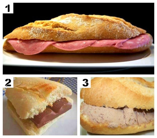 1. El popular, barato e histórico bocadillo de mortadela. 2. El pan y un poco de chocolate. Con un vaso de leche, ideal. 3. En ocasiones el bocadillo infantil era, como se decía coloquialmente, de «fuagrás».